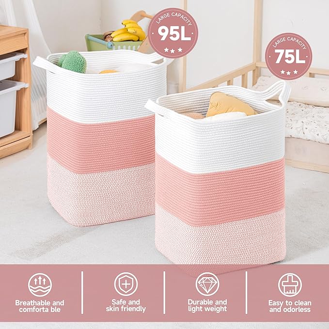 CLHMILY&Z 95L Laundry Basket Rectangular Pink Rope - 16x15x24 Inches - Dirty Clothes and Soft Storage Bin for Blankets, Toys, and Nursery Essentials