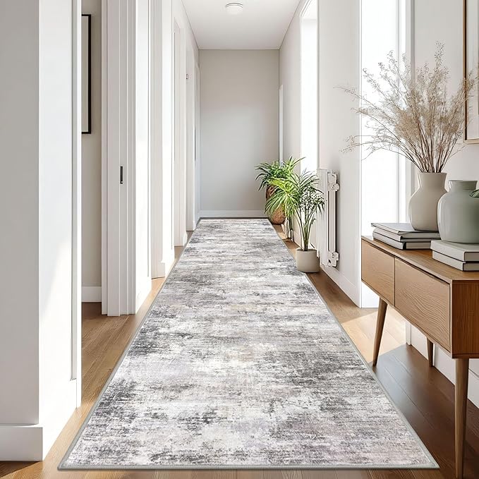 IOHOUZE Abstract Runner Rug 3x16 Ft Washable Runners for Hallways, Non Slip Kitchen Runner Printed Faux Wool Entryway Runner Indoor, Modern Abstract Floor Carpet for Hall Stair, Grey Beige