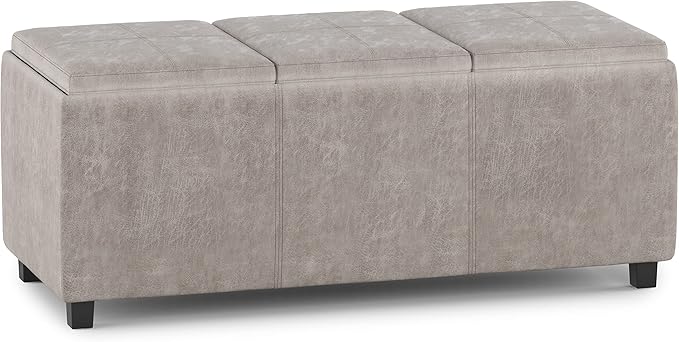 SIMPLIHOME Avalon 42 inch Wide Contemporary Rectangle Storage Ottoman in Distressed Grey Taupe Vegan Faux Leather, Assembled, for the Living Room, Entryway and Family Room