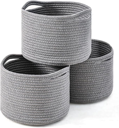 Small Storage Baskets for Organizing, Organizer Baskets for Shelves, Small Woven Basket for Storage, Cute Basket for Gifts Empty, Soft Cotton Rope Baskets, 9.7"×9.7"×7" (3 Packs) Grey
