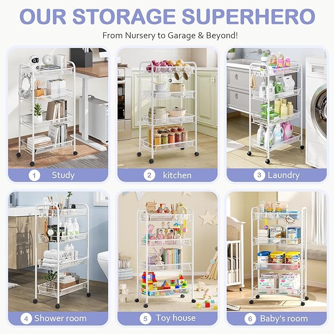 TOOLF 4-Tier Rolling Cart, Metal Utility Cart with 3 Hooks, Easy Assemble Mobile Storage Trolley On Wheels, Metal Shelving Units Kitchen Bathroom Laundry Room
