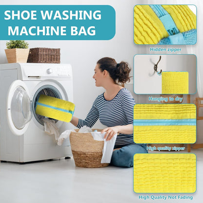 Shoe Washing Machine Bag - 2Pack Laundry Shoe Bag for Washer and Dryer, Reusable Shoe Cleaning Bag for All Shoe Sizes, 360° Deep Clean for Tennis Shoes, Sneakers, Includes 1 Brush (Yellow)
