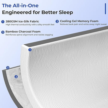 Cooling Mattress Topper Queen Size 4 Inch, Cooling Gel & Bamboo Charcoal Memory Foam Mattress Topper for Back Pain Relief, Firm Dual-Layer Foam Bed Pad with Removable Cover