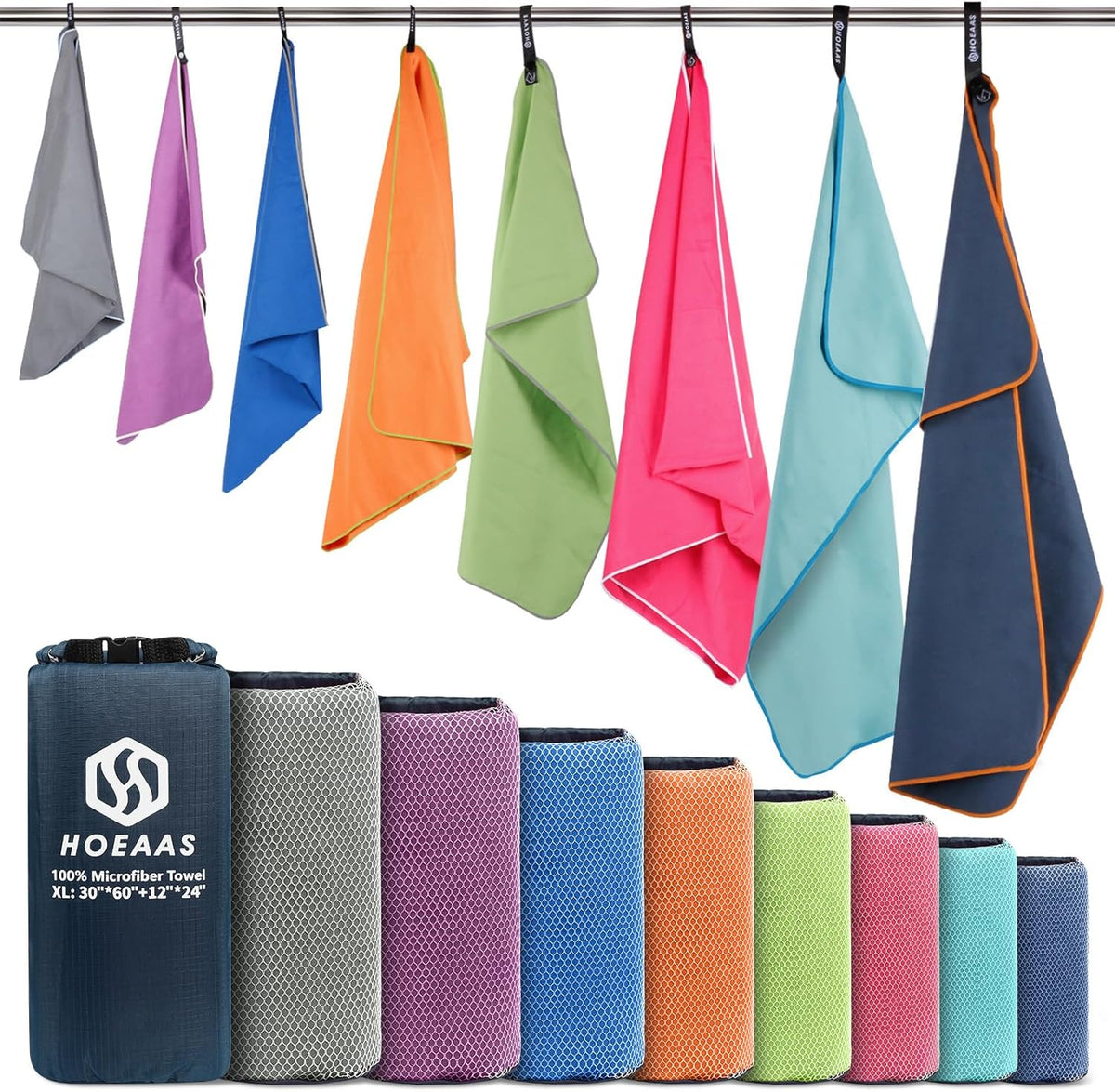 HOEAAS 2 Pack Microfiber Camping Towels, Quick Dry Towel, Super Absorbent Ultra Compact Travel Towel Soft Lightweight Sports Towel for Sweat Fast Drying Towels for Pool,Gym,Hiking,Backpacking,Fitness