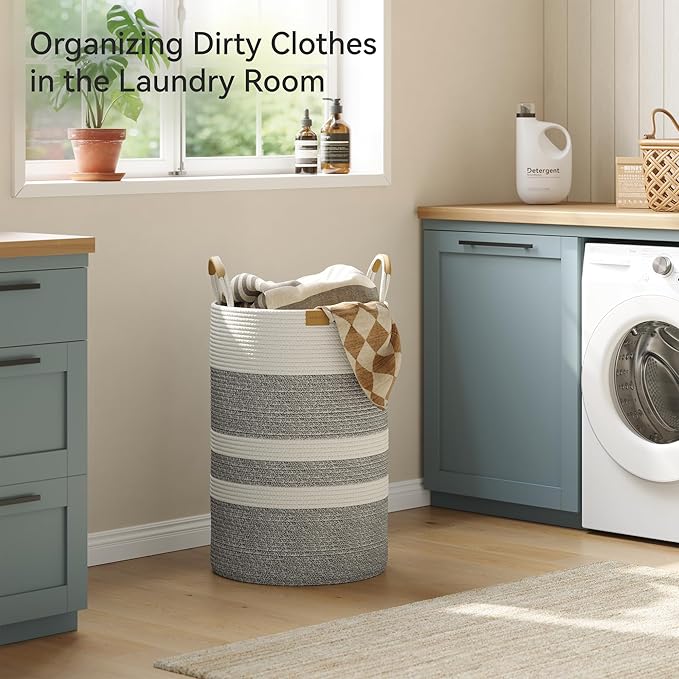 75L Striped Laundry Hamper with Leather Handles,Large Foldable Laundry Basket for Clothes,Cotton Rope Storage Bin for Blankets,Woven Clothes Basket for Bedroom,Gray Stripes