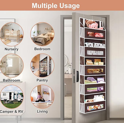5-Tier Over The Door Storage Organizer with 10 Side Mesh Pockets, 48 lbs Load Capacity, 3 Hooks Design, Door Hanging Organizer with Clear Windows for Bathroom, Bedroom, Nursery, Kitchen-Brown
