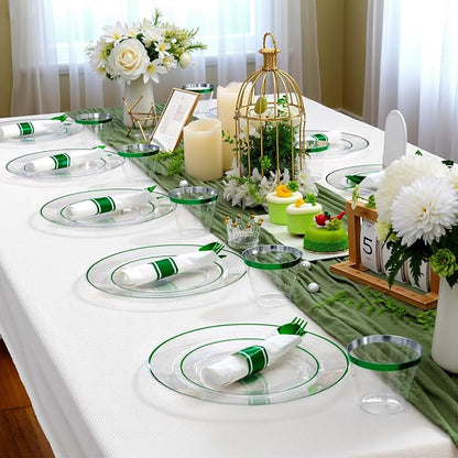 SUT 350 Pcs Green and Clear Plastic Dinnerware Set
