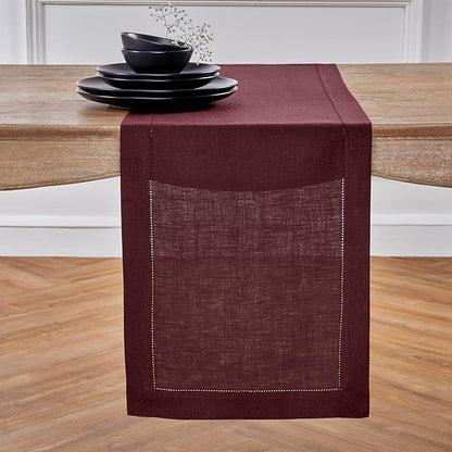 Solino Home Linen Table Runner 36 Inches - 100% Pure Linen Burgundy Hemstitch Table Runner 14 x 36 Inch Ideal for Dresser and Coffee Tables - Winter, Holiday, Christmas - Classic Hemstitch