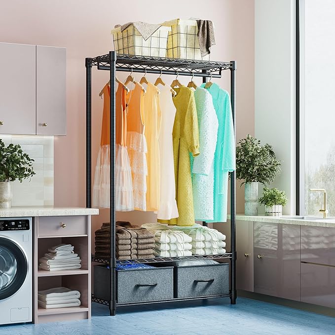 IZEUK Heavy Duty Garment Rack Wire Clothes Rack for Hanging Clothes, Metal Freestanding Closet Wardrobe Rack with 1 Rod and 2 Drawers Dark Grey 15.7" D x 35.5" W x 72.4" H