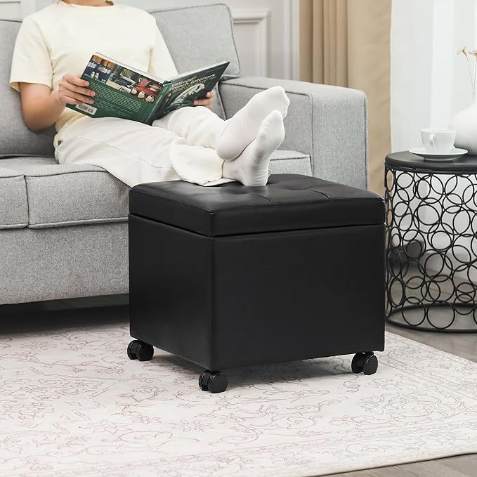 Adeco 17.7" Leather Ottoman with Wheels, Black Square Rolling Ottoman with Storage, Upholstered Button Tufted Vanity Stool with Hinged Lid for Living Room, Bedroom, Dorm
