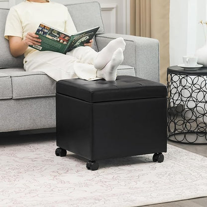 Adeco 17.7" Leather Ottoman with Wheels, Black Square Rolling Ottoman with Storage, Upholstered Button Tufted Vanity Stool with Hinged Lid for Living Room, Bedroom, Dorm