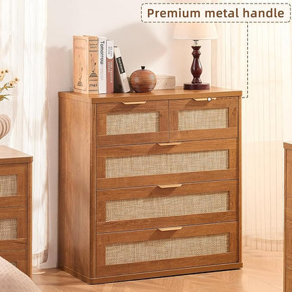 LEYAOYAO Rattan Dresser for Bedroom, 33.5" Tall Chest of Drawers, Modern 5 Drawers Boho Dressers with Storage, Vintage Brown Dresser Wooden Closet Organizer for Living Room, Hallway