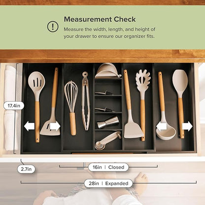 KitchenEdge Adjustable Kitchen Drawer Organizer for Utensils and Junk, Food-Safe Contract Grade with 100% Sustainable Wood, Expandable from 16 to 28 Inches Wide - Black Bamboo