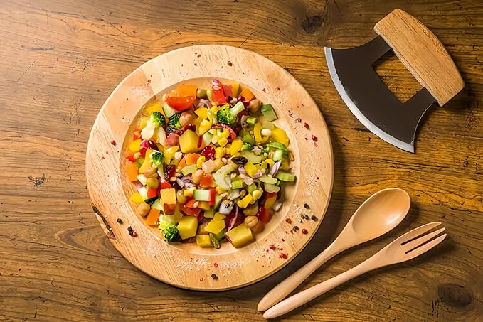 Alaskan Ulu Knife Mezzaluna Chopper- Effortlessly Chop Veggies with One Hand! Includes Wooden Stand. Perfect Pizza Cutter and Salad Chopper. Ideal for Meat, Herbs and Salads