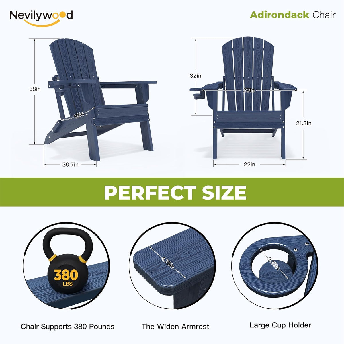 Folding Adirondack Chair - Extended Ergonomic Backrest, Cup Holder - Easy Assembly - Durable HDPE Plastic, Weather Resistant & Maintenance-Free - Lawn, Patio, Deck Supports 380lbs NavyBlue
