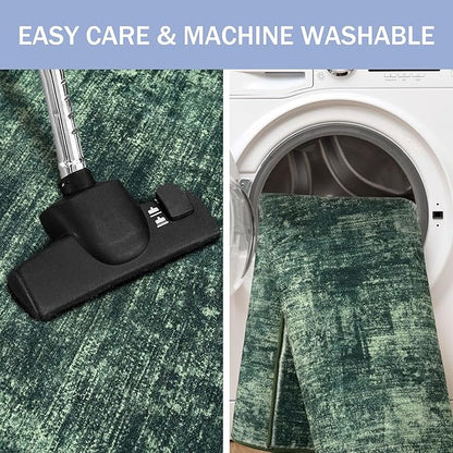 IOHOUZE Abstract Area Rug 4x6 Ft Washable Rugs for Entryway Indoor, Non Slip Small Living Room Rugs Printed Faux Wool Throw Rug, Floor Carpet for Kitchen Nursery Playroom, Dark Green