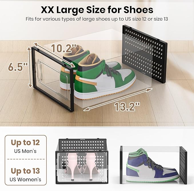 12 Pack XXX-Large Modular Clear Plastic Stackable Shoe Storage Organizer for Closet, Space Saving Versatile Sneaker Shoe Rack Containers Bins Holders, Portable Closet Organizers and Storage, Black