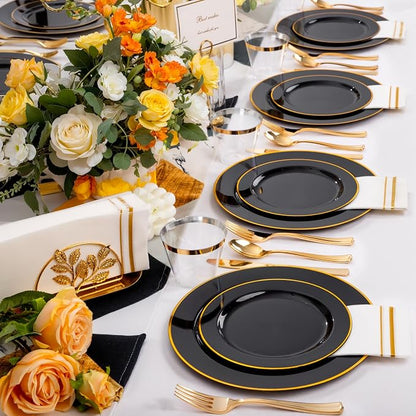SUT 350-Piece Black and Gold Disposable Plates