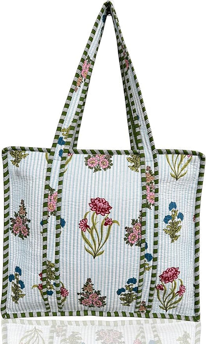 Cotton Quilted Tote Bag for Women – Large Beach & Travel Tote with Zipper, Reusable Grocery Bag