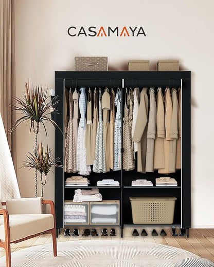 Portable Closet, 54.3 Inch Large Capacity Wardrobe Closet with Cover, Clothes Storage Organizer with Shelves and 2 Hanging Rods, Easy to Assembly, Black PCT102B01