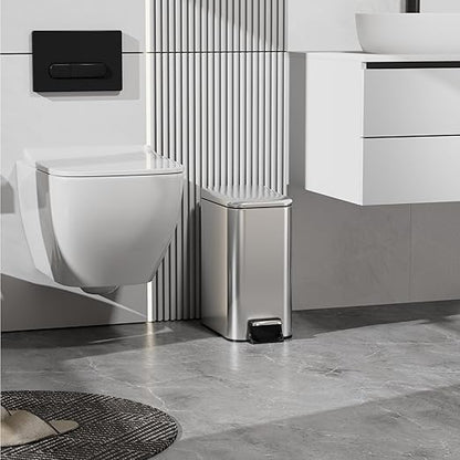 Small Trash Can with Lid Soft-Close, 6 L/1.6 Gal Bathroom Garbage Can with Removable Inner Bucket, Step Pedal, Stainless Steel Wastebasket for Kitchen, Bathroom, Bedroom, Office, Silver