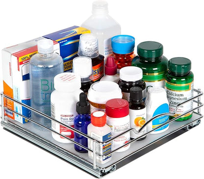 Pull Out Cabinet Organizer for Spices, Cans - Heavy Duty with Lifetime Limited Warranty- Pull Out Spice Rack- Cabinet Pull Out Shelf for Cans,Dishes, Etc, 10"W x 10"D x 2-1/8 H, Chrome