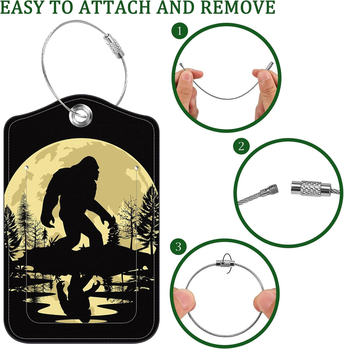 2 Pack Luggage Tag for Suitcase Black Sasquatch Leather Suitcase Tags with Privacy Name ID Label and Stainless Steel Loop for Travel Bag