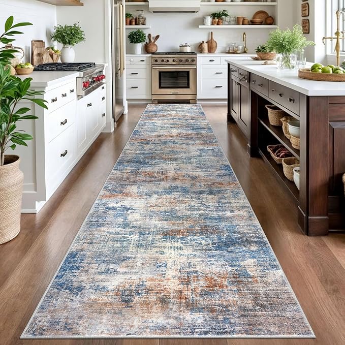 IOHOUZE Abstract Runner Rug 3x16 Ft Extra Long Washable Runners for Hallways, Non Slip Kitchen Runner Printed Faux Wool Entryway Runner Indoor, Modern Abstract Floor Carpet for Hall Stair, Blue Rust