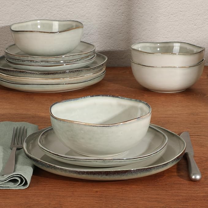 Gibson Elite Nardini 12 Piece Plates and Bowls Reactive Glaze Dishes Stoneware
