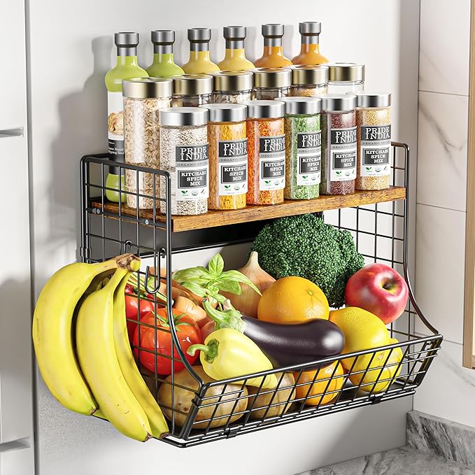 Magnetic Shelf for Fridge with Wood Lid, Fruit Potato and Onion Storage Bins, Pantry Organizers and Storage, Strong Magnetic Spice Rack for Refrigerator, Kitchen Counter and Laundry Room