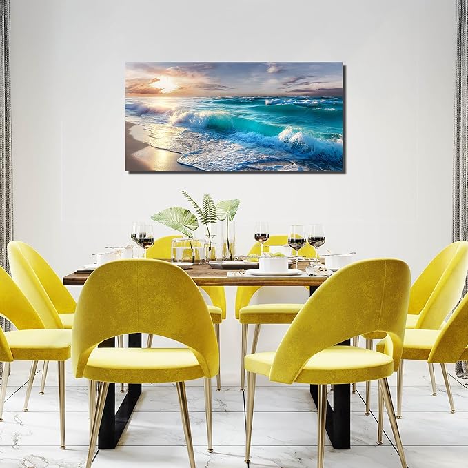 GUGIKA Ocean Wall Art for Living Room, Blue Wave and Large Coastal Beach Canvas Wall-Decor for Bedroom, Gold Sun Scenery Pictures for Hallway Office, Size 40x20 Inches