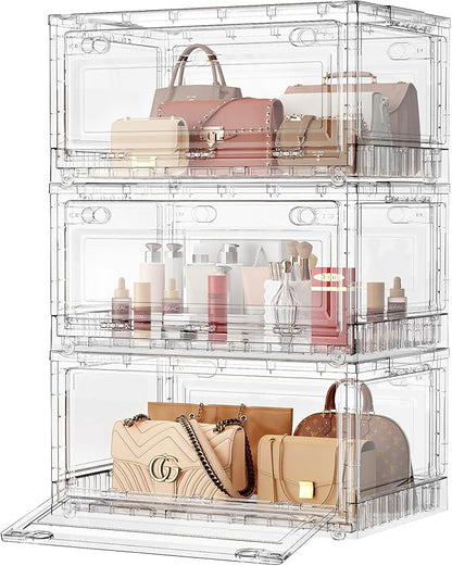 BROVIEW Clear Stackable Storage Bins Drawers, Open Front Large Plastic Storage Bins with Lids, Foldable Closet Organizers and Storage for Wardrobe Cabinets, Pantry, Makeup,3 Pack