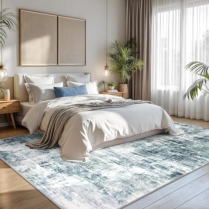IOHOUZE Abstract Area Rugs 8x10 Ft Washable Large Rugs for Living Room, Non Slip Dining Room Rug, Printed Faux Wool Rug for Bedroom, Floor Carpet for Office Nursery Playroom, Sage Grey