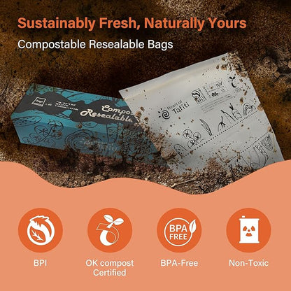 Compostable Food Storage Bags, Large Gallon Resealable Freezer Bags, 30 Count, 10.5 x 10.6 inches, Extra Thick and Reusable, Eco-Friendly, Certified US BPI ASTM D6400 Europe OK Compost