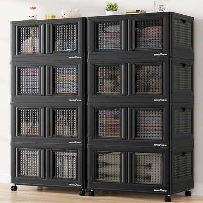 BROVIEW 160Gal Stackable Storage Bins with Lids & Wheels, 640Qt Plastic Collapsible Closet Organizer and Storage Drawers, Storage Boxes Cabinets for Home, Office, 8 Pack, Black