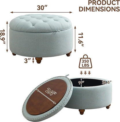 30Inch Round Storage Ottoman with Tray, Modern Tufted Fabric Circle Coffee Table with Storage, Upholstered Ottoman with Removable Top for Living Room, Bedroom, Light Blue