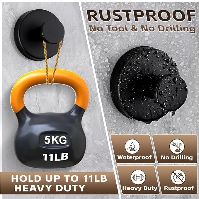 Reusable Heavy Duty Suction Cup Hooks for Kitchen/Bathroom/Shower - Wet-Proof Hooks for Towels, Robes, Loofah&Wreaths/No Drill Mounting on Glass, Tile, Metal (2, Matte Black)