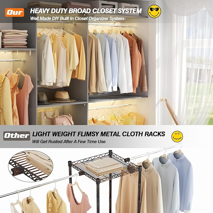 8FT Closet System with Shelves, 96'' Closet Organizer System with 3 Hanging Rods, Wall Mount Bedroom Wardrobe Walk-in Closet, Adjustable Cloth Garment Rack from 5 to 8FT (Cut to Fit), Grey