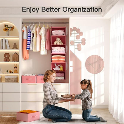 Pipishell Hanging Closet Organizer 6-Shelf, Hanging Shelves for Closet with 3 Removable Drawers & Side Pockets, Hanging Shelf Organizer for Bedroom or Garment Rack, 12'' x 12'' x 43.3'', Pink