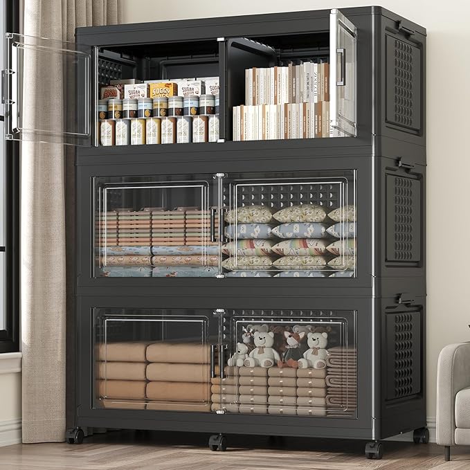 150GAL Extra Large Storage Bins with Lid, 600Qt Stackable Closet Organizers and Drawers, Collapsible Storage Bins with Wheels, Folding Storages Cabinet for Home Bedroom Office, 3Pack Black