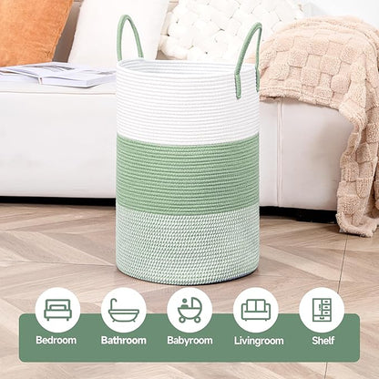 CLHMILY&Z 60L Laundry Basket Round Storage Rope Basket - 15x20.5 Inches - Green Hamper in Bedreoom and Cute Storage Bin for Blankets, Toys, and Nursery Essentials