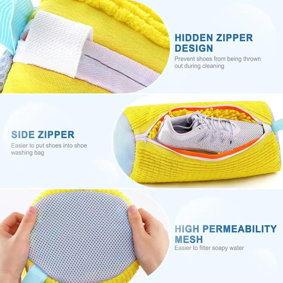 2-Pack Shoe Laundry Bags for Washer & Dryer – Reusable Sneaker laundry Bag with 360° Microfiber Cushion – Anti-Deform, Tear-Resistant, Foldable shoe washing machine bag, 39x19cm – Yellow