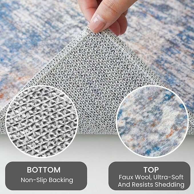 IOHOUZE Abstract Runner Rug 3x10 Ft Washable Runners for Hallways, Non Slip Kitchen Runner Printed Faux Wool Entryway Runner Indoor, Modern Abstract Floor Carpet for Hall Bedroom, Blue Rust