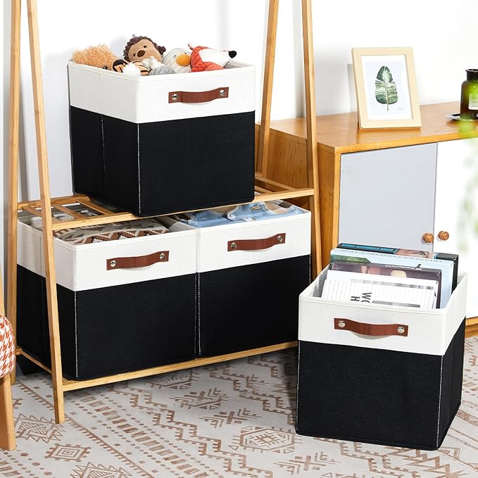 DULLEMELO Fabric Storage Bins for Shelves, Cube Storage Organizer Bins with PU Handles, Set of 4 Decorative Collapsible Storage Bins for Cube Storage,White&Black