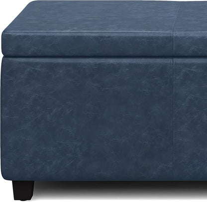 SIMPLIHOME Avalon 48 inch Wide Contemporary Rectangle Storage Ottoman Bench in Denim Blue Vegan Faux Leather, Assembled, For the Living Room, Entryway and Family Room