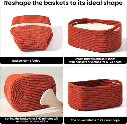 Small Red Woven Baskets for Organizing, Basket for Gifts Empty, Cotton Rope Baskets for Storage, Organizer Bins for Organization, 13"×8.5"×5.1" (3 Packs) Brick Red