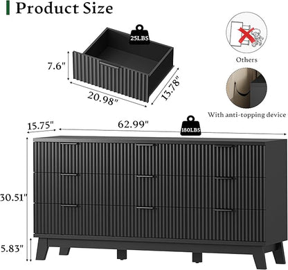 Fluted Dresser with 9 Drawers, 63" Wide Modern Chest of Drawers with Metal Handle, Wooden Dresser TV Stand, Wood Closet Clothes Storage Organizer for Bedroom, Living Room, Hallway, Solid Black