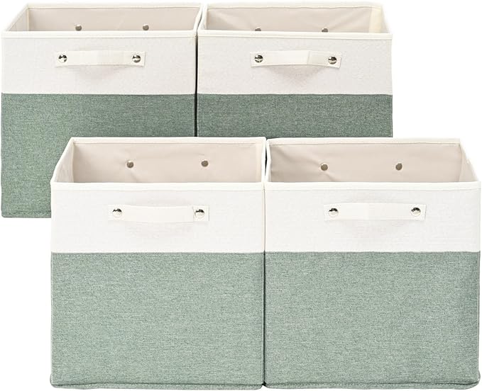 13 x 13 Inch Fine Linen Storage Bins with Handles，Fabric Cube Boxs，Collapsible Basket Organizers for Shelves for Home, Closet Drawers (White/Green-4 Pack )