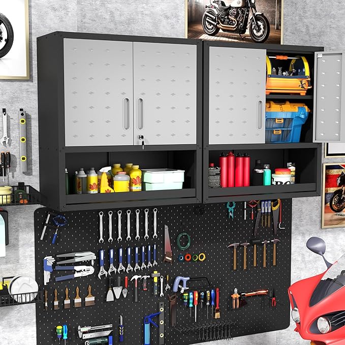 Metal Wall Cabinets with Doors and Shelves Black and Gray Garage Cabinets Wall Mounted Adjustable Storage Shelving Floating Garage Tool Cabinet,Wall Cabinet for Warehouse/Basement/Kitchen