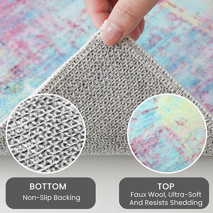 IOHOUZE Abstract Area Rugs 5x7 Ft Washable Rugs for Living Room, Non Slip Dining Room Rug, Printed Faux Wool Rugs for Bedroom, Floor Carpet for Office Nursery Playroom, Pink Teal